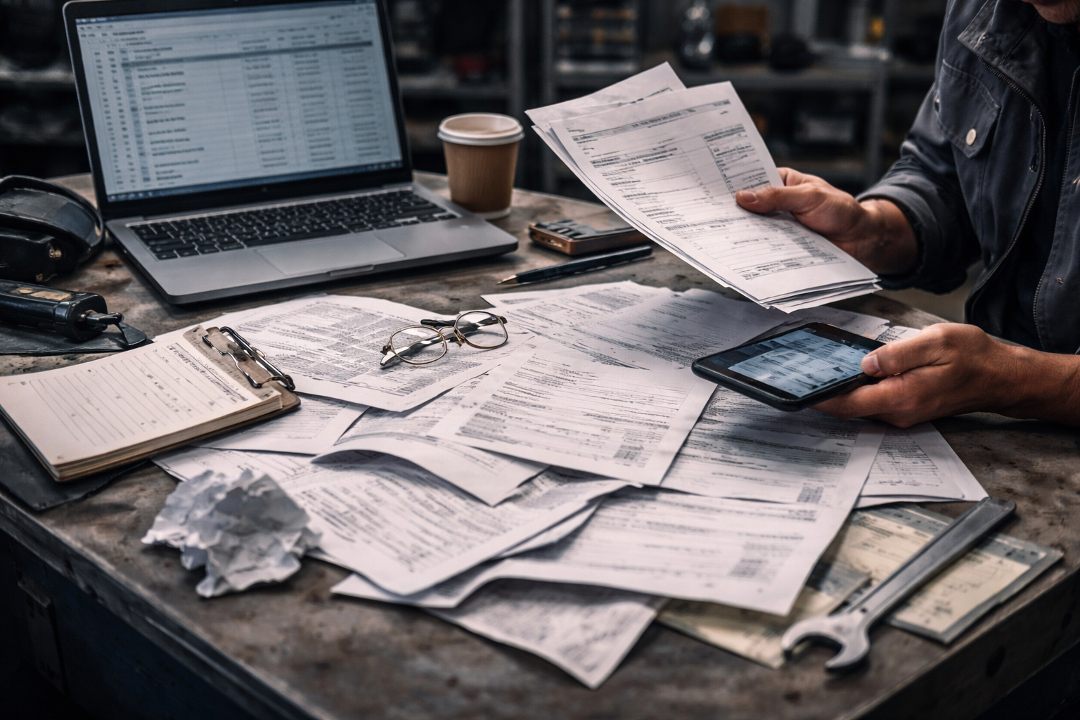 Disorganized paperwork on a desk