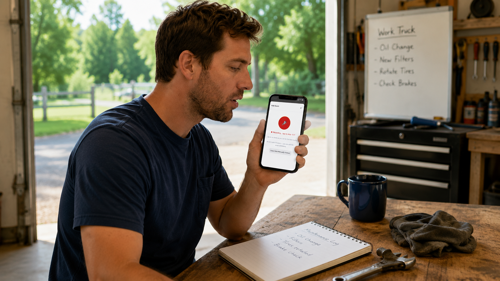 Mechanic recording a service log into Linora